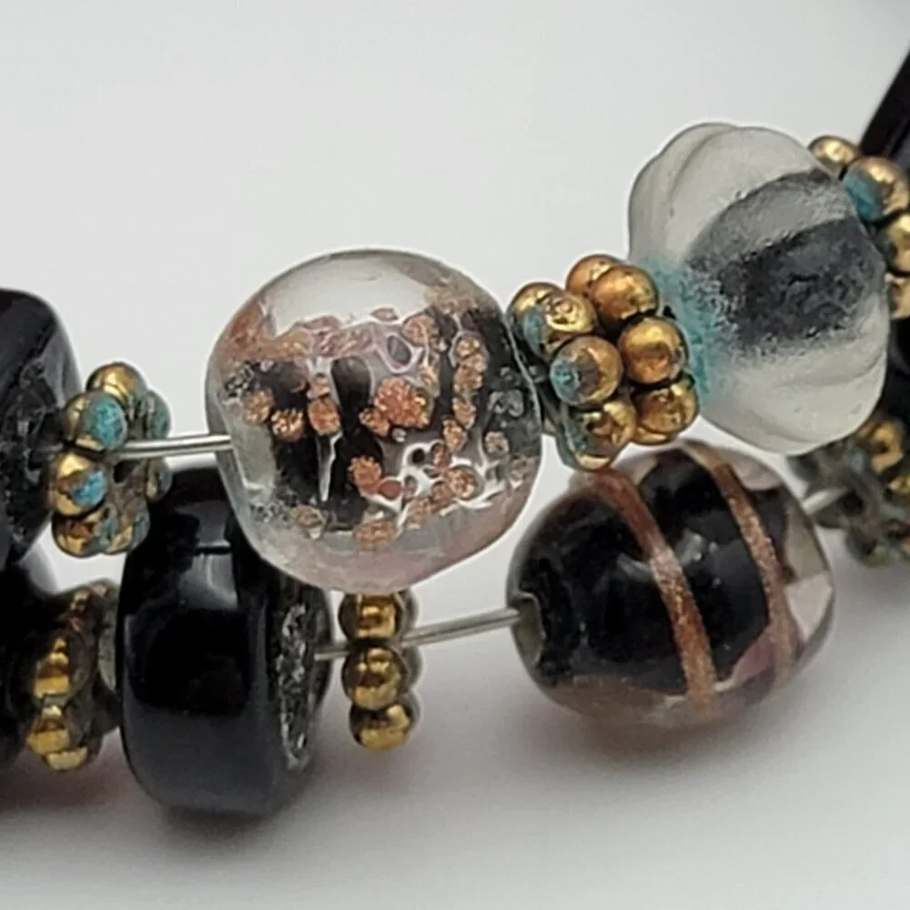 Black Glass Wrap Bracelet Glass Art Mutiple Shapes Gold Tone Spacers 8
